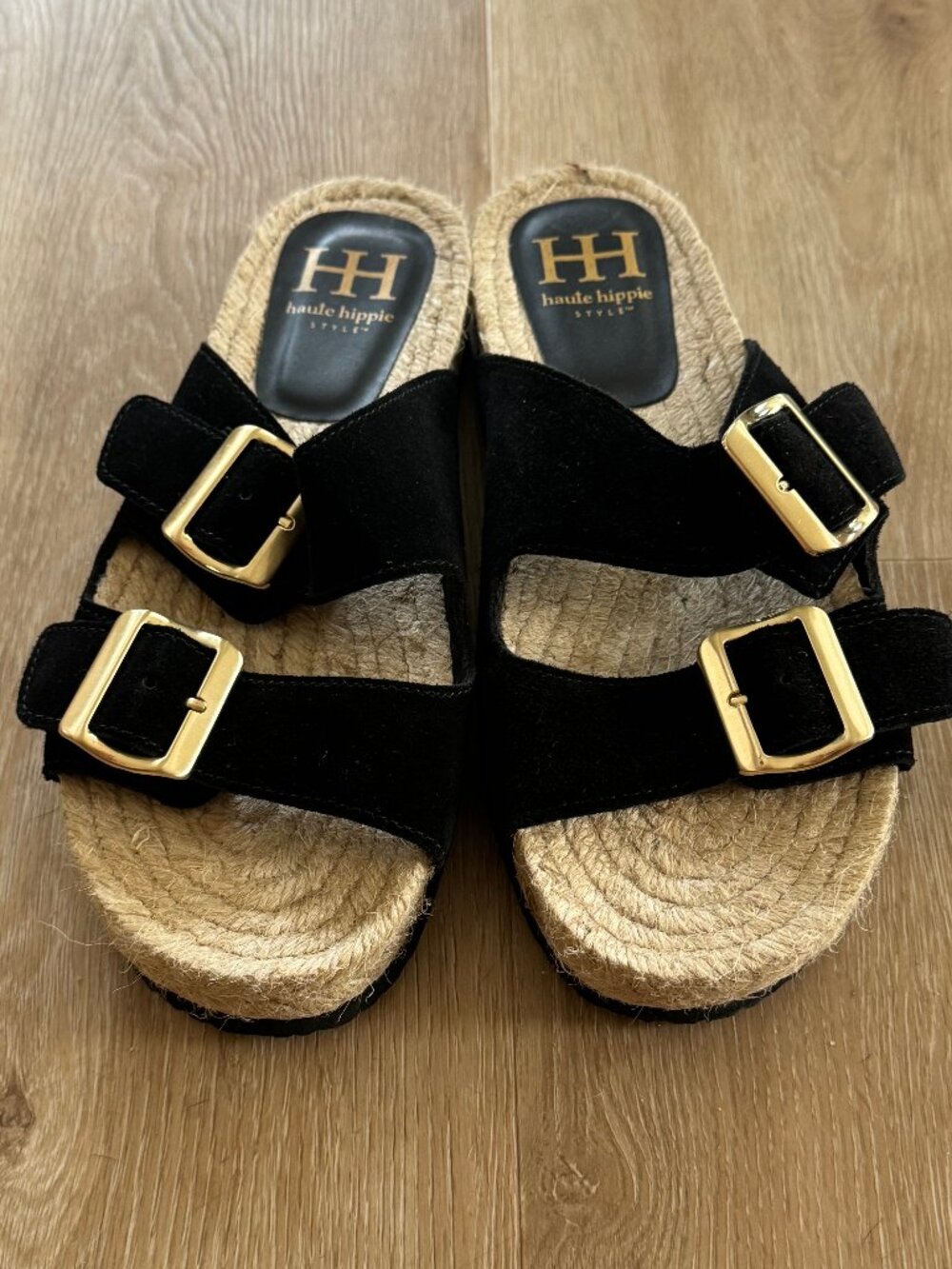 Haute Hippie Style HH, Espadrille Buckle Sandals, Flats, Black & Tan, sz 8, NEW!